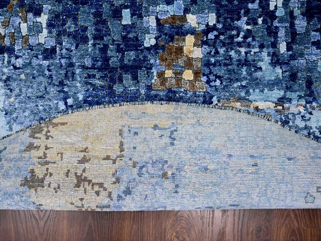 7'9" x 7'9" New Hand Knotted Blue Wool & Silk Round Oriental Rug - MOA10210100