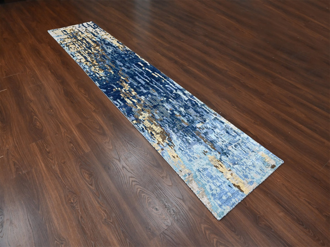 2'6" x 12'0" New Hand Knotted Blue Wool & Silk Runner Oriental Rug - MOA10210101