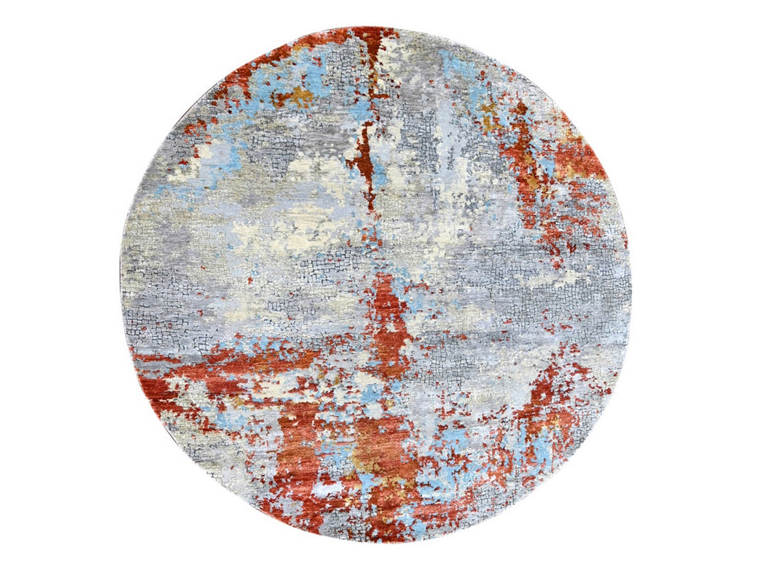 7'11" x 7'11" New Hand Knotted Orange Wool & Silk Round Oriental Rug - MOA10210105