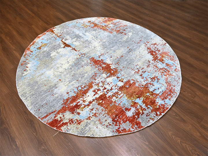 7'11" x 7'11" New Hand Knotted Orange Wool & Silk Round Oriental Rug - MOA10210105