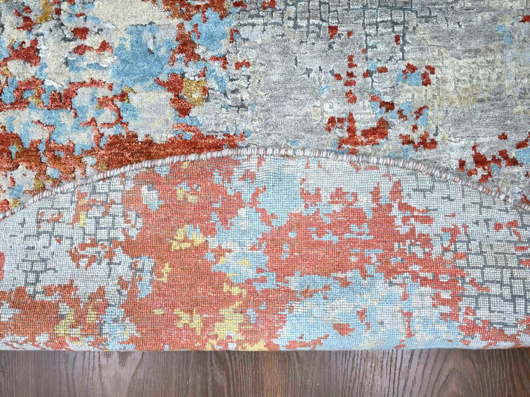 7'11" x 7'11" New Hand Knotted Orange Wool & Silk Round Oriental Rug - MOA10210105