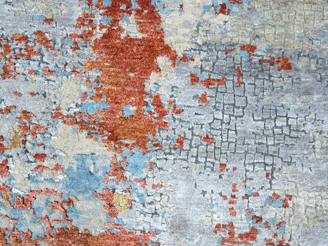 7'11" x 7'11" New Hand Knotted Orange Wool & Silk Round Oriental Rug - MOA10210105