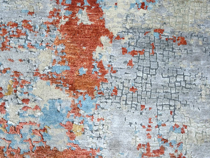 7'11" x 7'11" New Hand Knotted Orange Wool & Silk Round Oriental Rug - MOA10210105
