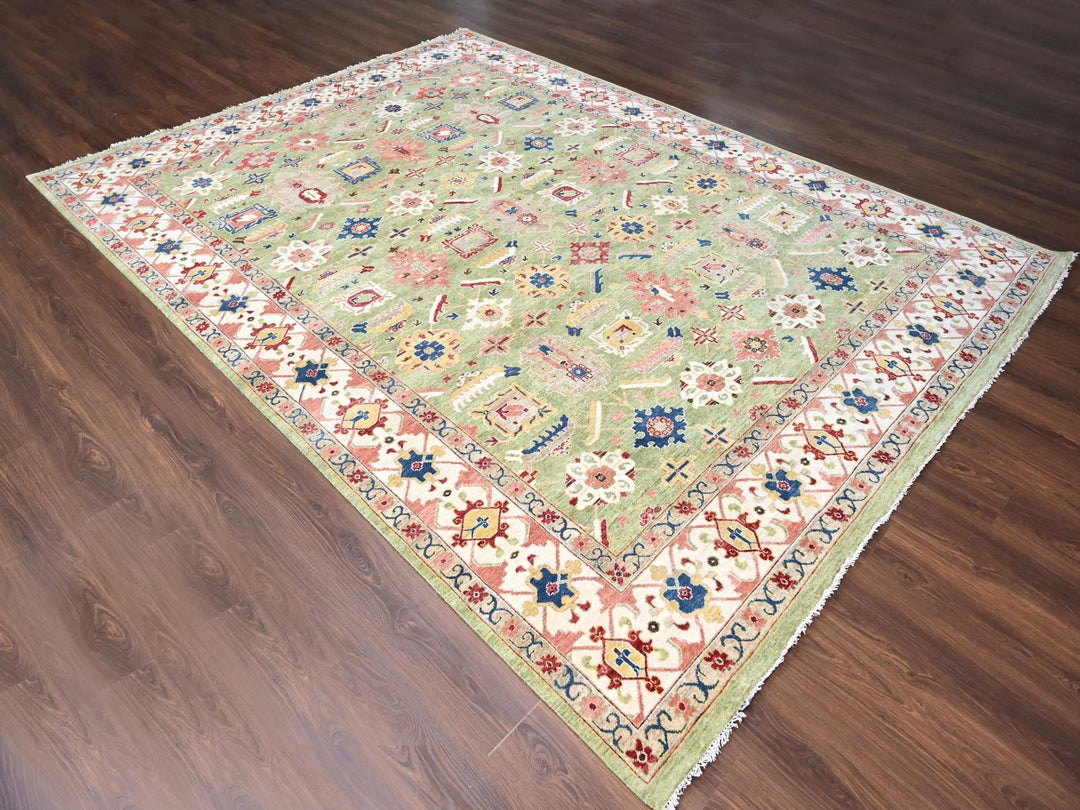8'10" x 11'10" New Hand Knotted Green Wool Rectangle Oriental Rug - MOA10210114