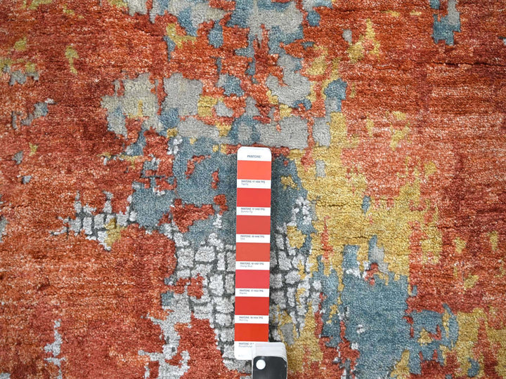 9'0" x 11'10" New Hand Knotted Orange Wool & Silk Rectangle Oriental Rug - MOA10210178