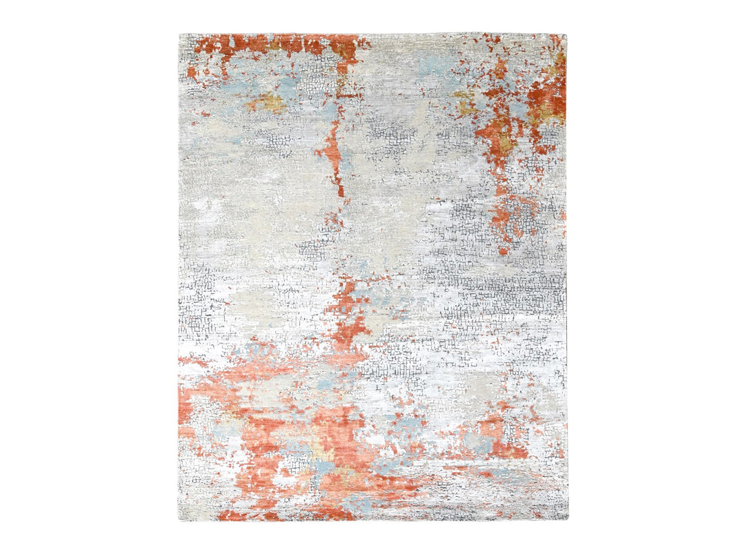 7'10" x 9'10" New Hand Knotted Orange Wool & Silk Rectangle Oriental Rug - MOA10210180