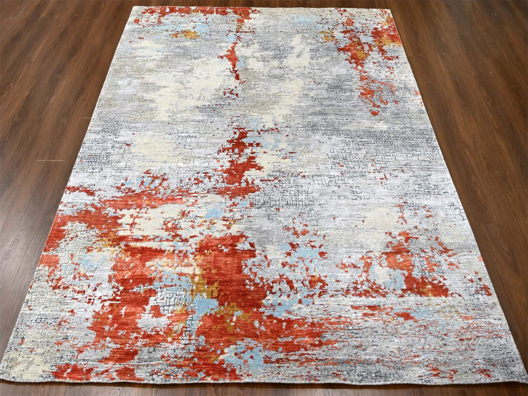 7'10" x 9'10" New Hand Knotted Orange Wool & Silk Rectangle Oriental Rug - MOA10210180