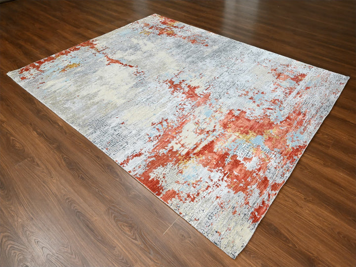 7'10" x 9'10" New Hand Knotted Orange Wool & Silk Rectangle Oriental Rug - MOA10210180