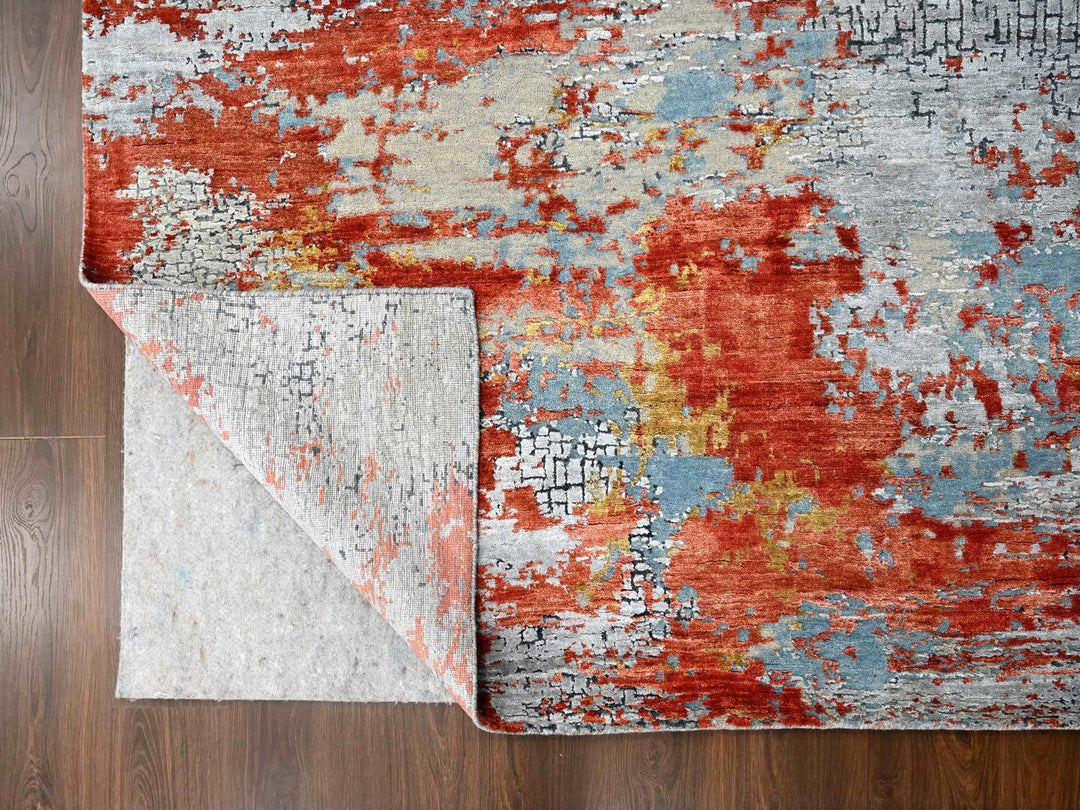 7'10" x 9'10" New Hand Knotted Orange Wool & Silk Rectangle Oriental Rug - MOA10210180