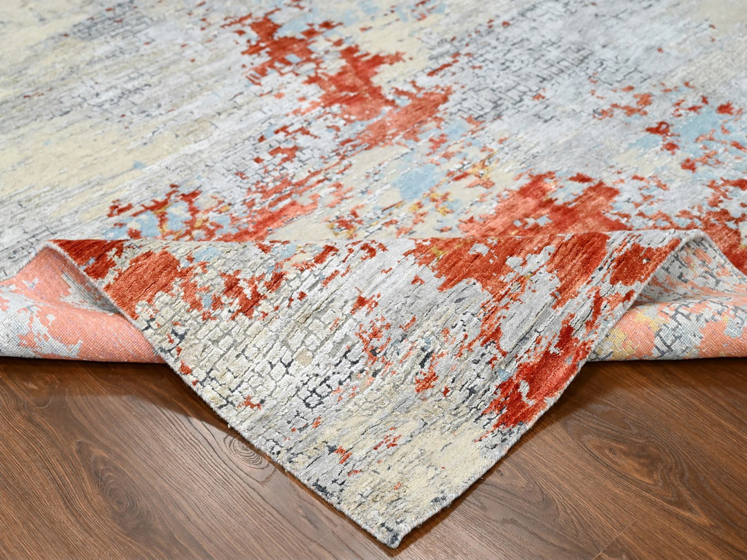 7'10" x 9'10" New Hand Knotted Orange Wool & Silk Rectangle Oriental Rug - MOA10210180