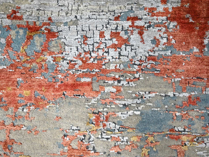 7'10" x 9'10" New Hand Knotted Orange Wool & Silk Rectangle Oriental Rug - MOA10210180