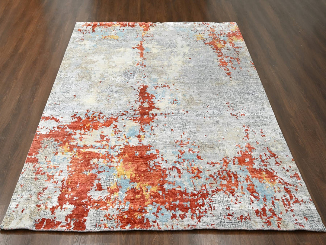 9'0" x 11'9" New Hand Knotted Orange Wool & Silk Rectangle Oriental Rug - MOA10210181