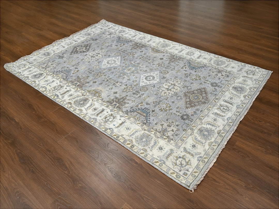 6'0" x 9'0" New Hand Knotted Grey Wool Rectangle Oriental Rug - MOA10210184