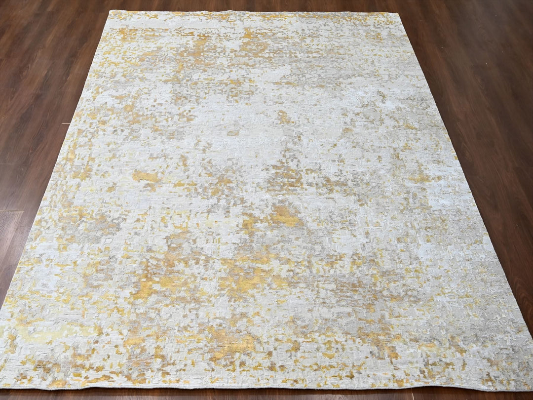9'0" x 12'0" New Hand Knotted Beige Wool & Silk Rectangle Oriental Rug - MOA10210195