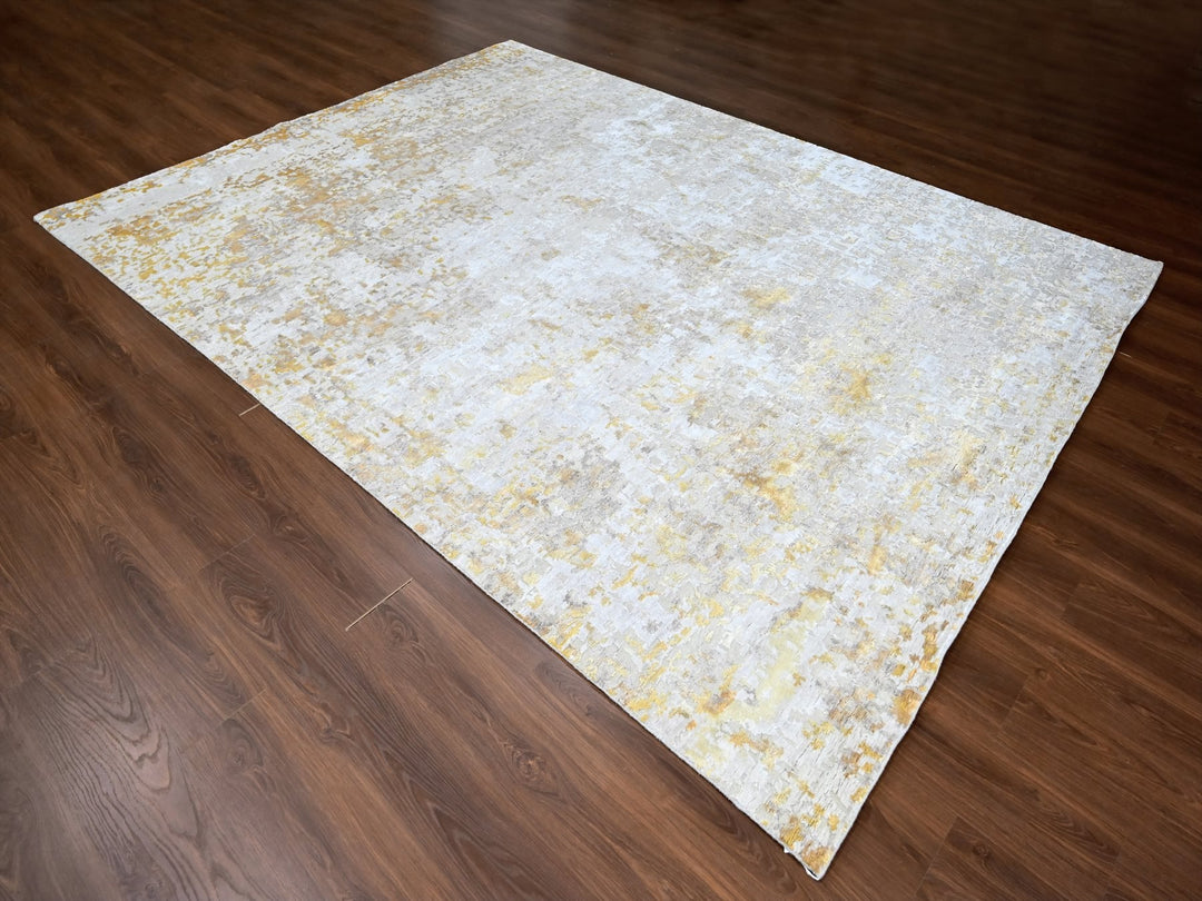 9'0" x 12'0" New Hand Knotted Beige Wool & Silk Rectangle Oriental Rug - MOA10210195