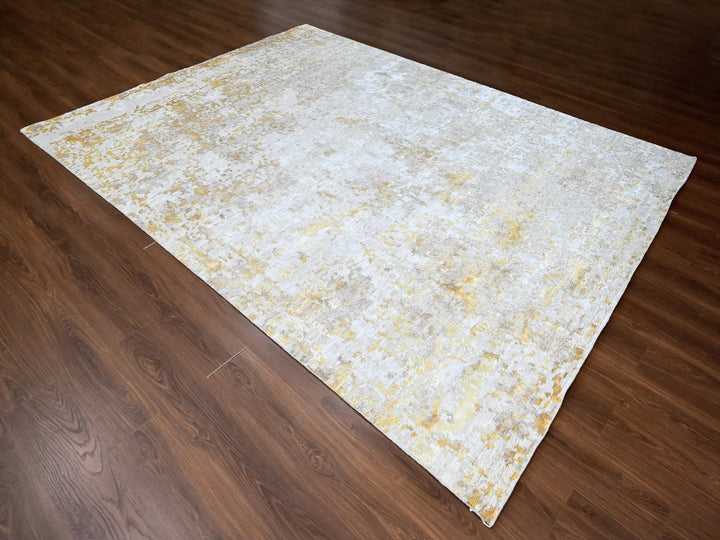 9'0" x 12'0" New Hand Knotted Beige Wool & Silk Rectangle Oriental Rug - MOA10210195