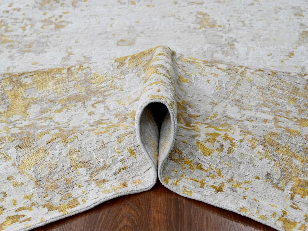 9'0" x 12'0" New Hand Knotted Beige Wool & Silk Rectangle Oriental Rug - MOA10210195