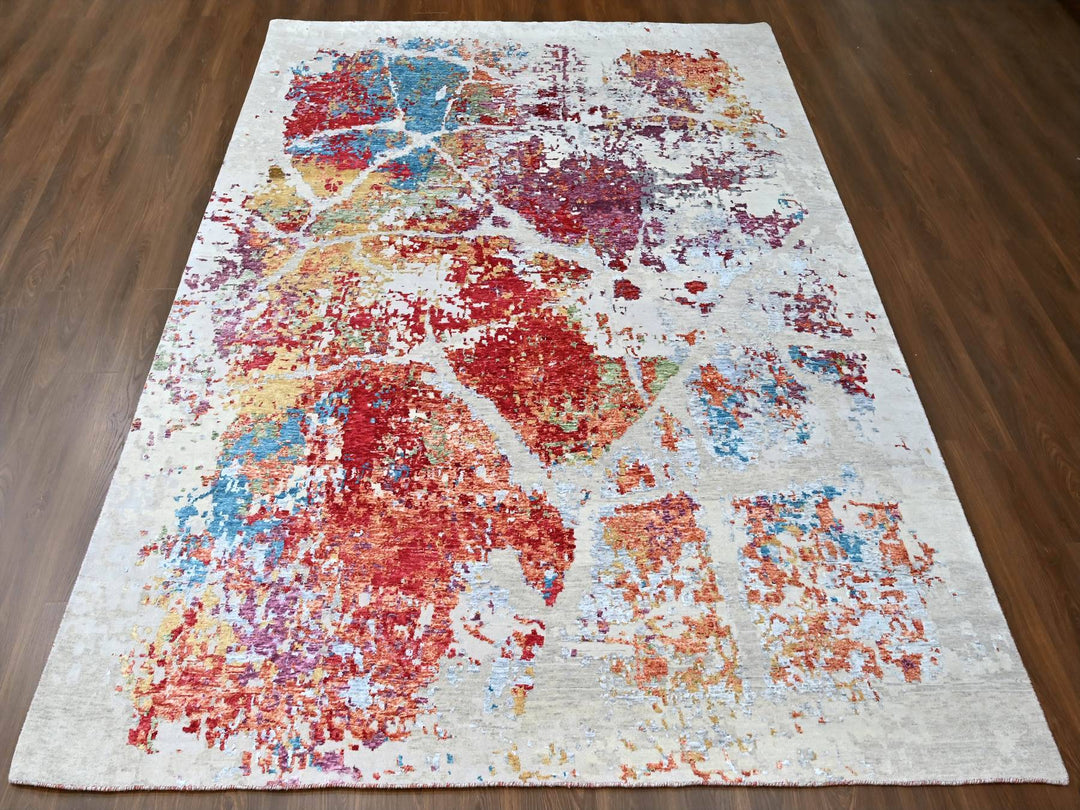 9'1" x 12'0" New Hand Knotted Red Wool & Silk Rectangle Oriental Rug - MOA10210271