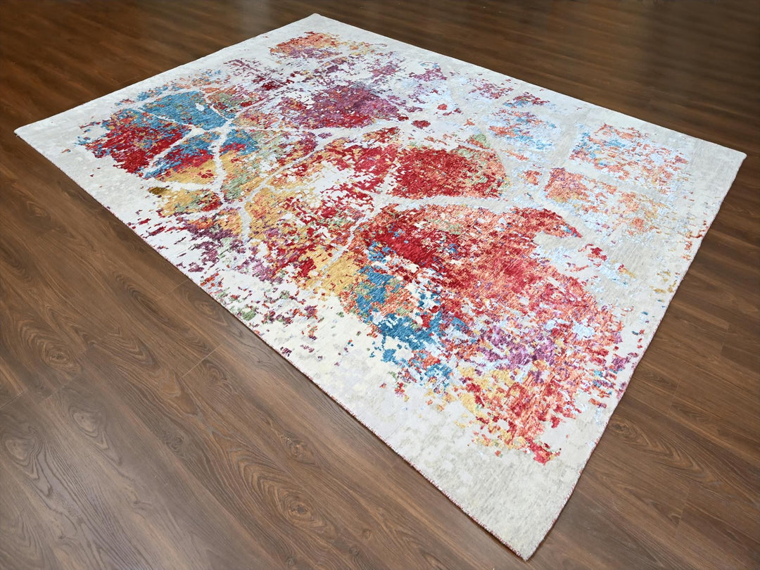 9'1" x 12'0" New Hand Knotted Red Wool & Silk Rectangle Oriental Rug - MOA10210271