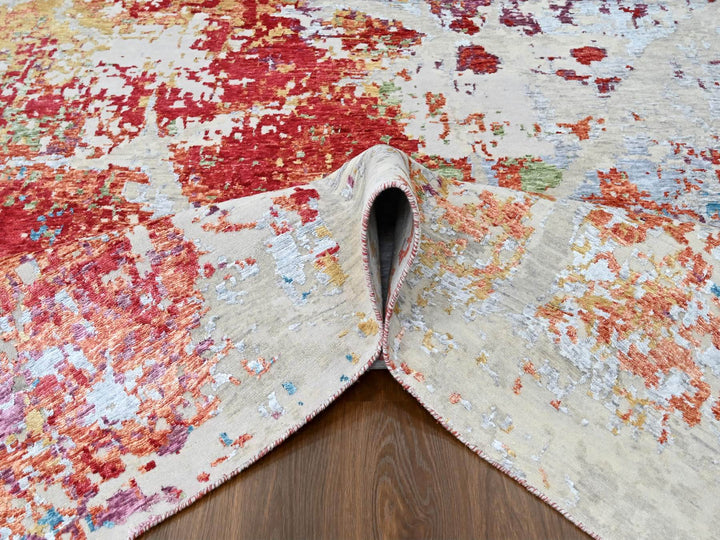 9'1" x 12'0" New Hand Knotted Red Wool & Silk Rectangle Oriental Rug - MOA10210271