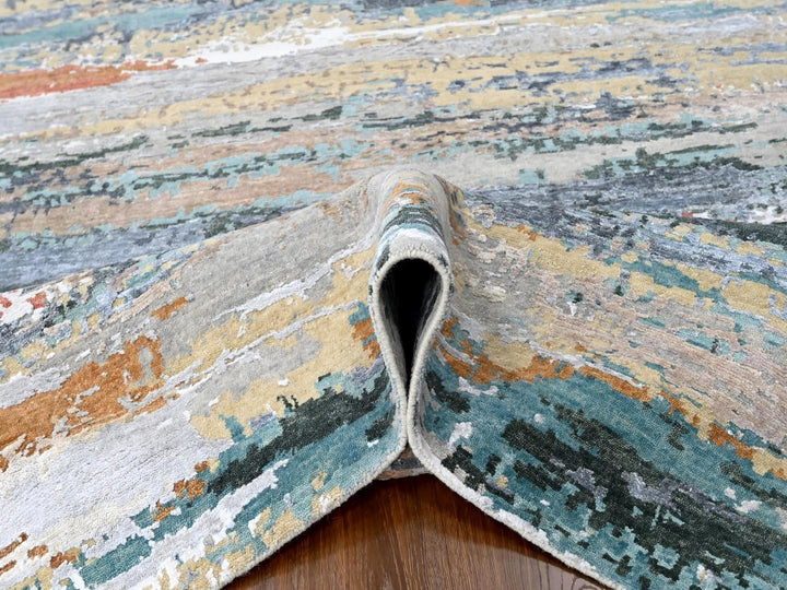 9'0" x 11'10" New Hand Knotted Green Wool & Silk Rectangle Oriental Rug - MOA10210273