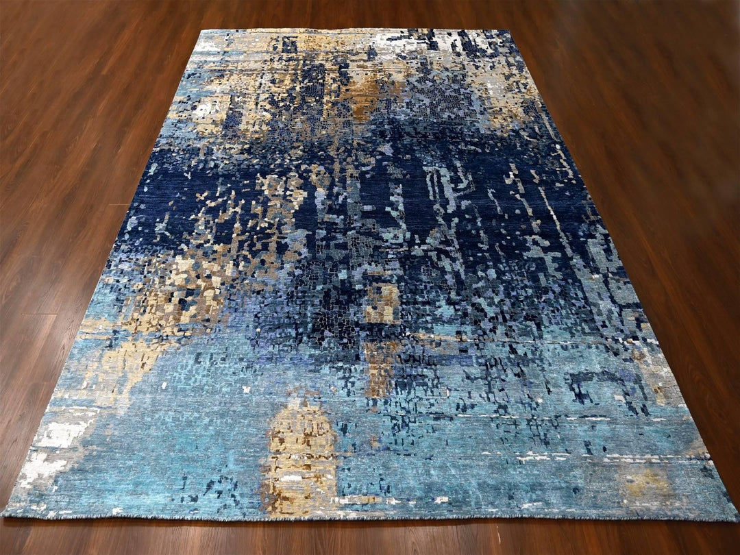 10'0" x 13'10" New Hand Knotted Blue Wool & Silk Rectangle Oriental Rug - MOA10210293