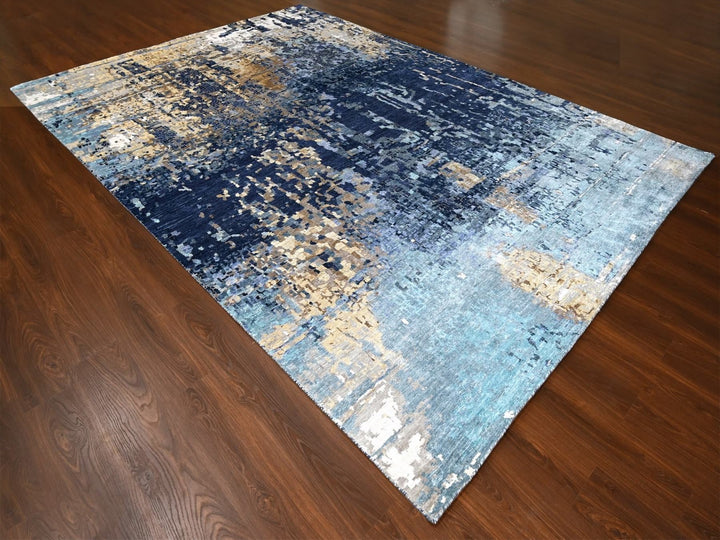 10'0" x 13'10" New Hand Knotted Blue Wool & Silk Rectangle Oriental Rug - MOA10210293