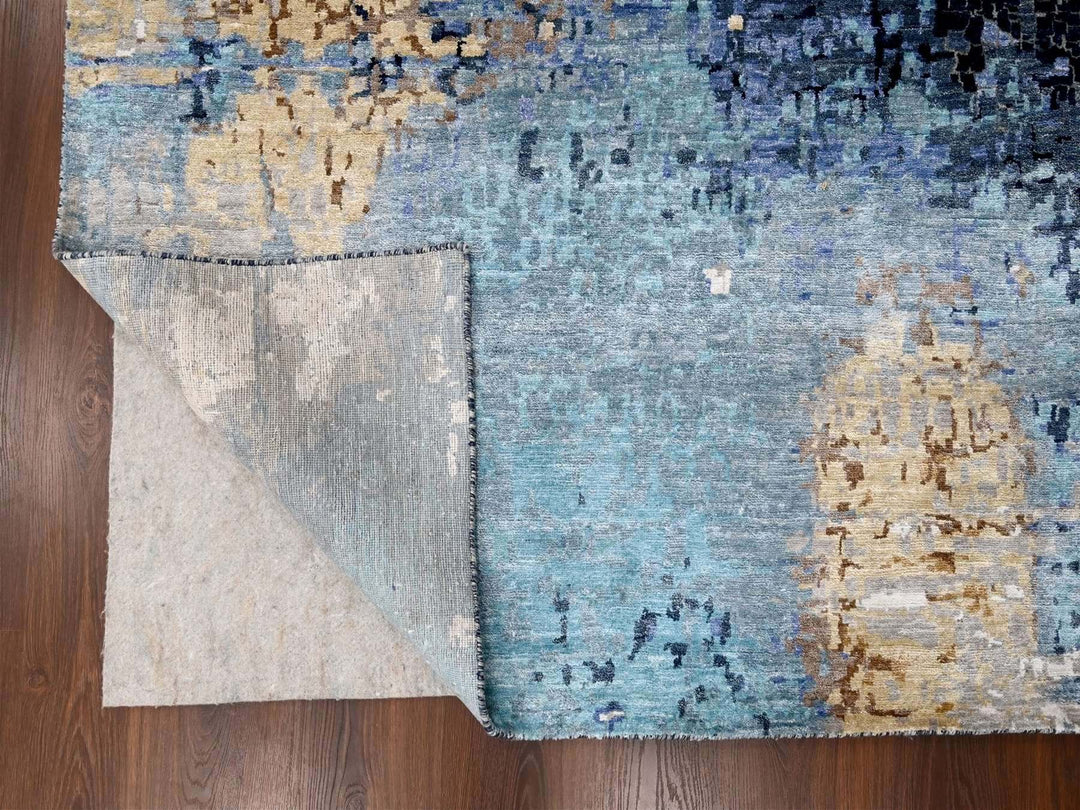 10'0" x 13'10" New Hand Knotted Blue Wool & Silk Rectangle Oriental Rug - MOA10210293