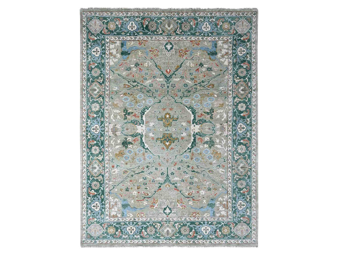 9'0" x 11'10" New Hand Knotted Green Wool Rectangle Oriental Rug - MOA10210310