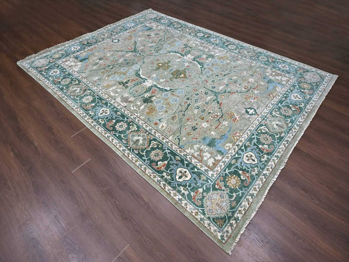 9'0" x 11'10" New Hand Knotted Green Wool Rectangle Oriental Rug - MOA10210310
