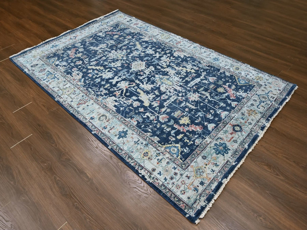 6'0" x 9'0" New Hand Knotted Blue Wool Rectangle Oriental Rug - MOA10210314