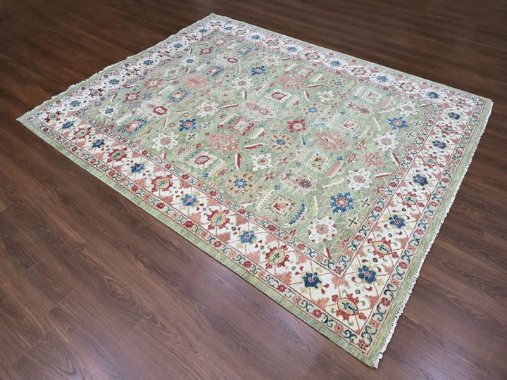 8'0" x 9'10" New Hand Knotted Green Wool Rectangle Oriental Rug - MOA10210326