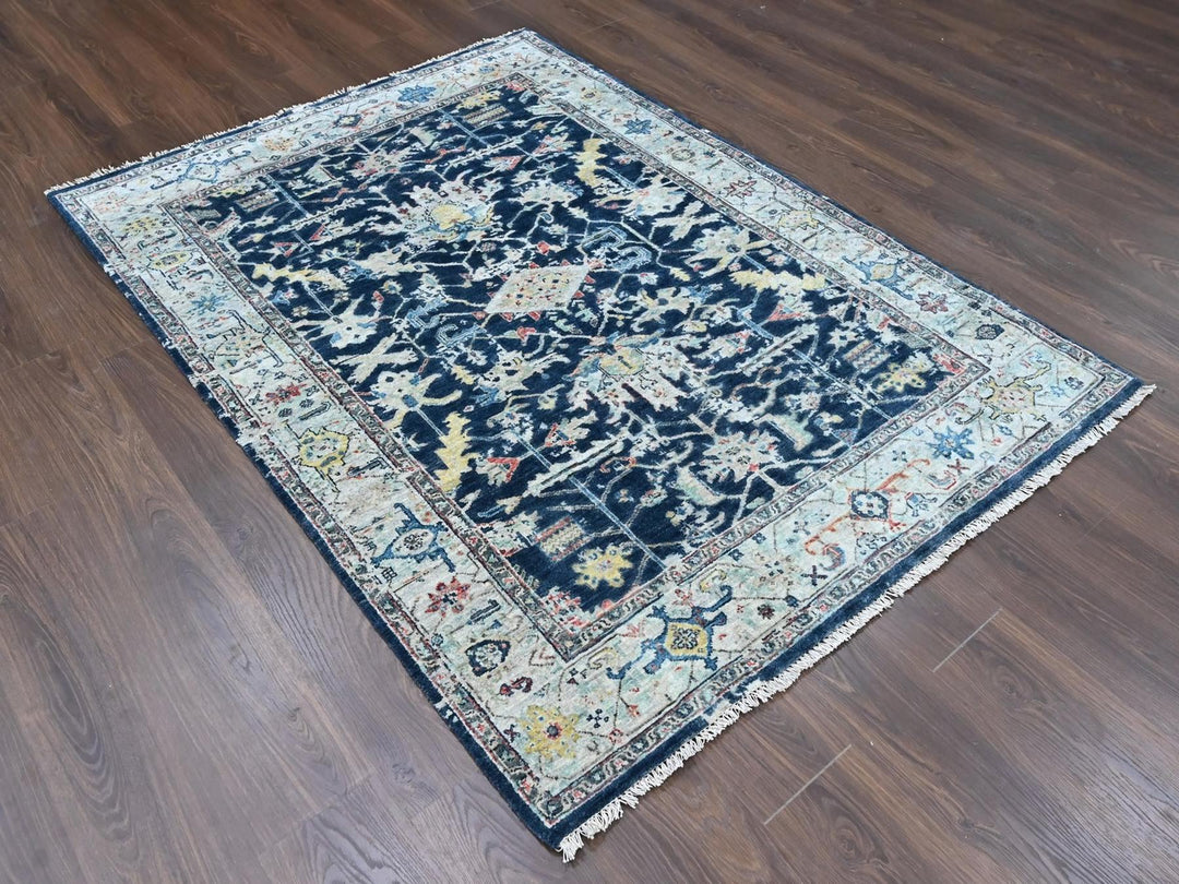 5'1" x 6'9" New Hand Knotted Blue Wool Rectangle Oriental Rug - MOA10210372