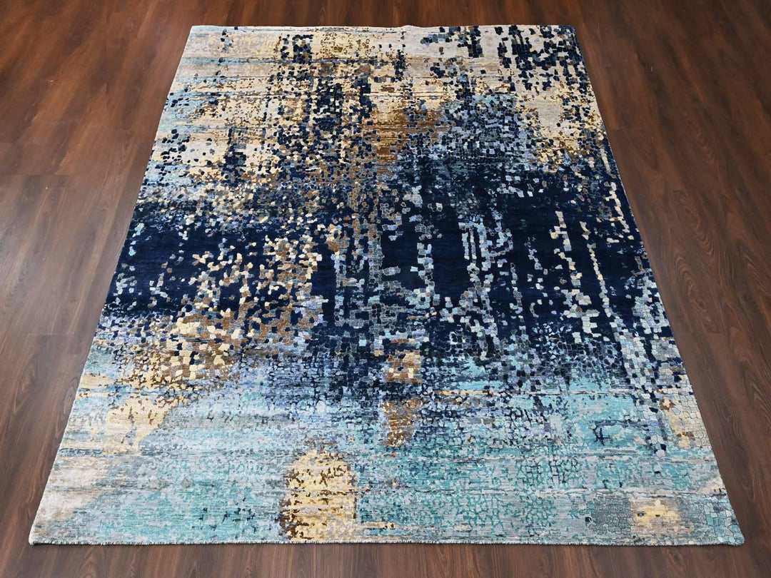 8'0" x 9'8" New Hand Knotted Blue Wool & Silk Rectangle Oriental Rug - MOA10210374