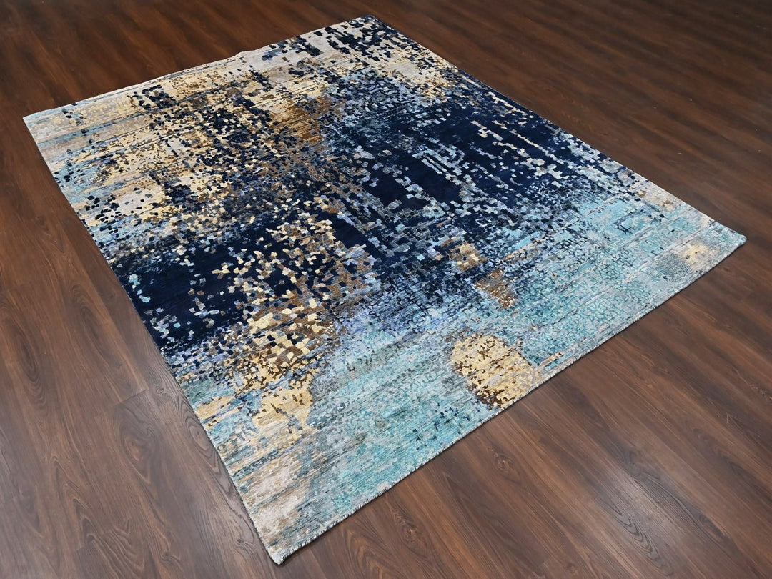 8'0" x 9'8" New Hand Knotted Blue Wool & Silk Rectangle Oriental Rug - MOA10210374