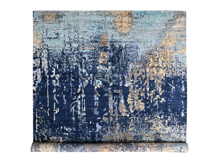 11'10" x 14'9" New Hand Knotted Blue Wool & Silk Rectangle Oriental Rug - MOA10210375