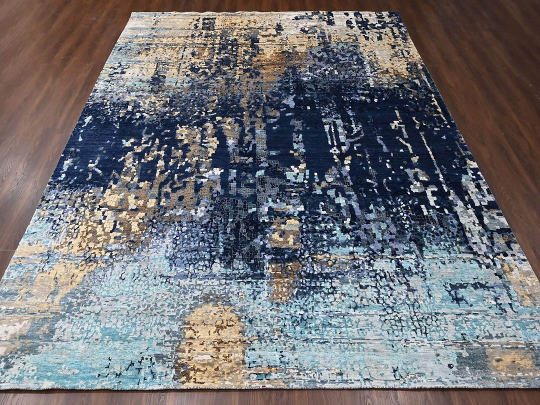 11'10" x 14'9" New Hand Knotted Blue Wool & Silk Rectangle Oriental Rug - MOA10210375