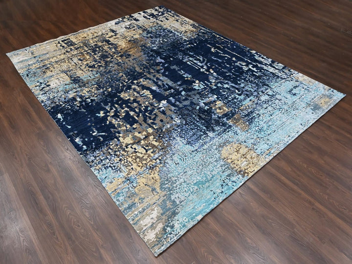 11'10" x 14'9" New Hand Knotted Blue Wool & Silk Rectangle Oriental Rug - MOA10210375