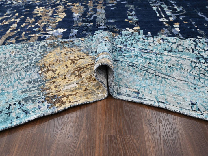 11'10" x 14'9" New Hand Knotted Blue Wool & Silk Rectangle Oriental Rug - MOA10210375