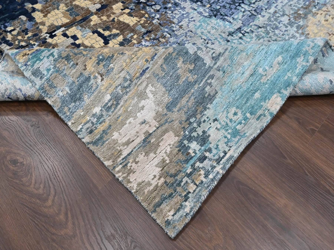 11'10" x 14'9" New Hand Knotted Blue Wool & Silk Rectangle Oriental Rug - MOA10210375