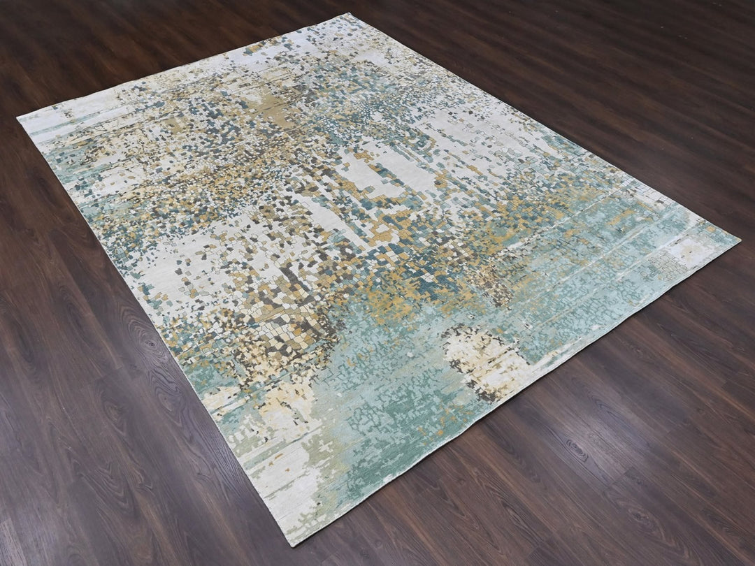 8'10" x 11'9" New Hand Knotted Ivory Wool & Silk Rectangle Oriental Rug - MOA10210376