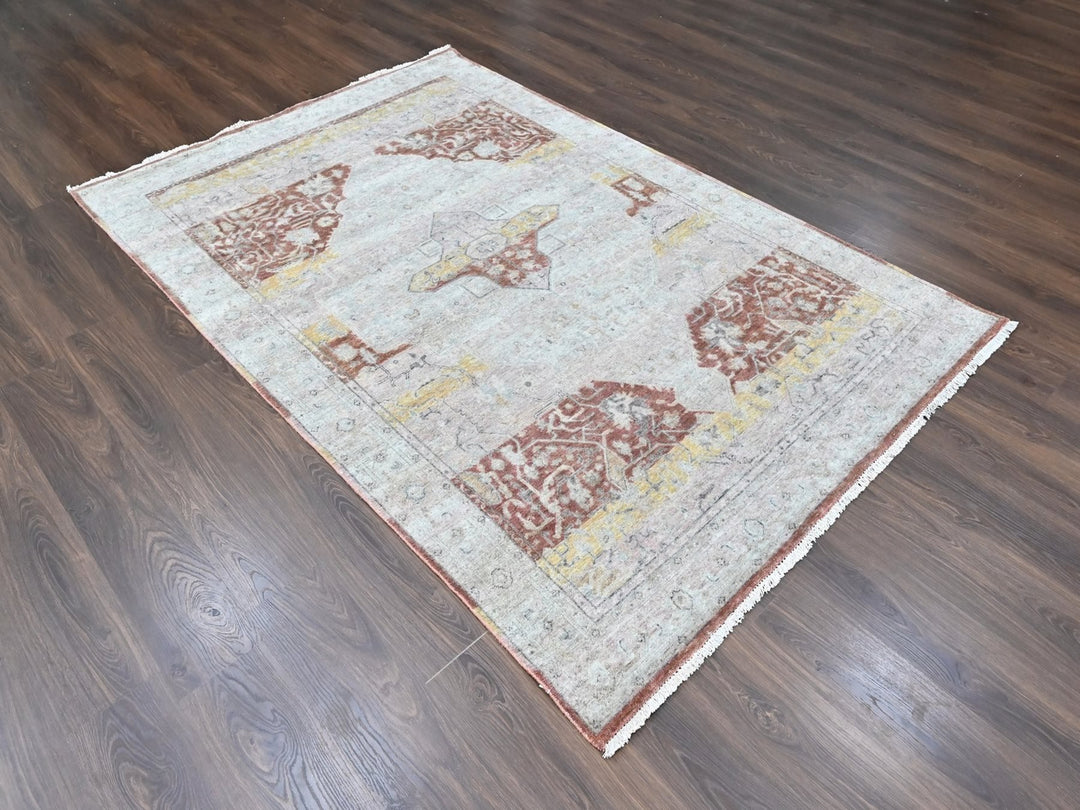 6'0" x 9'1" New Hand Knotted Ivory Wool Rectangle Oriental Rug - MOA10210402