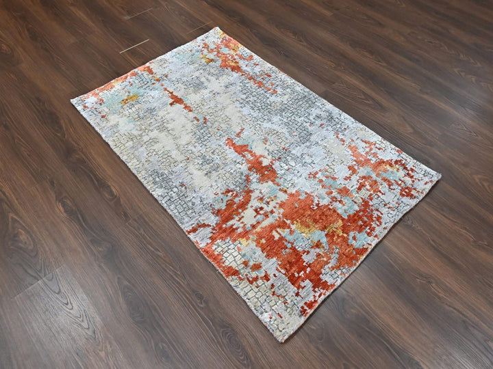 3'1" x 4'10" New Hand Knotted Orange Wool & Silk Rectangle Oriental Rug - MOA10210404