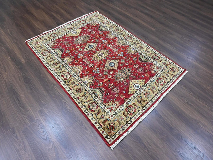 5'1" x 6'10" New Hand Knotted Red Wool Rectangle Oriental Rug - MOA10210405