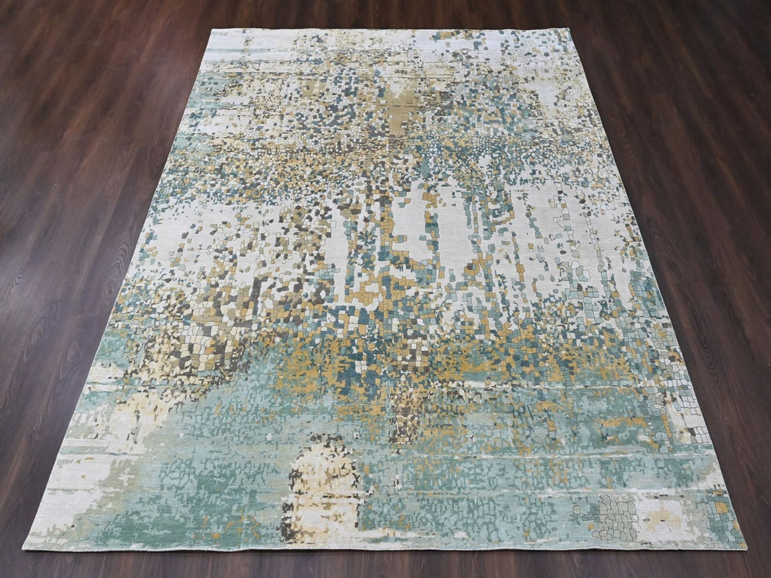 8'10" x 11'11" New Hand Knotted Ivory Wool & Silk Rectangle Oriental Rug - MOA10210434