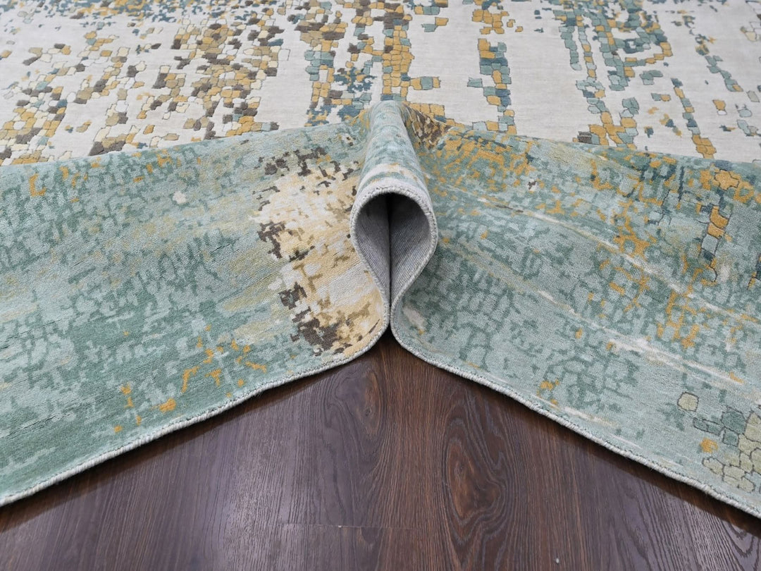 8'10" x 11'11" New Hand Knotted Ivory Wool & Silk Rectangle Oriental Rug - MOA10210434