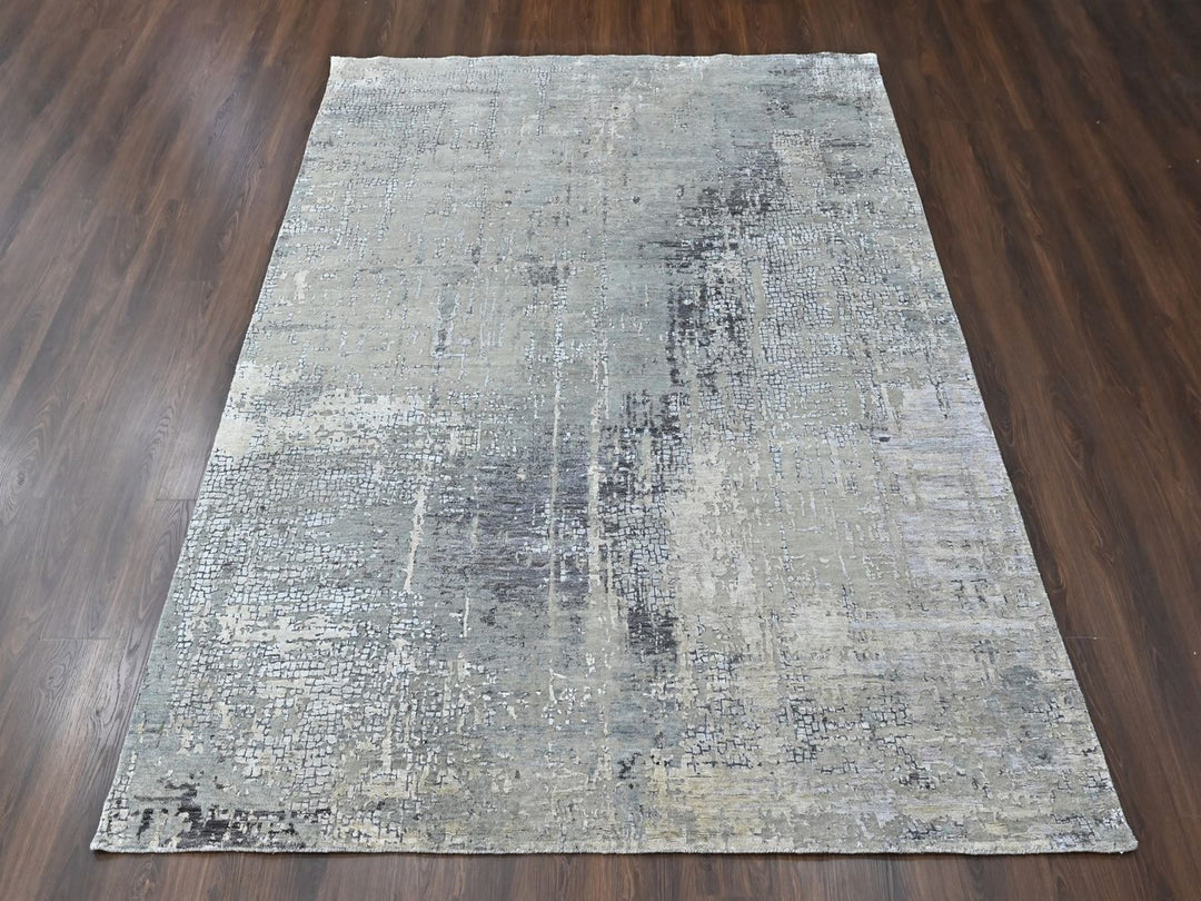 8'0" x 9'9" New Hand Knotted Grey Wool & Silk Rectangle Oriental Rug - MOA10210439