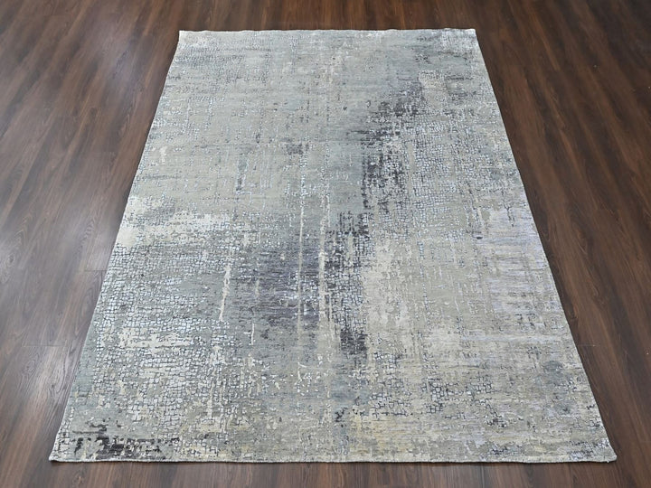 8'0" x 9'9" New Hand Knotted Grey Wool & Silk Rectangle Oriental Rug - MOA10210439