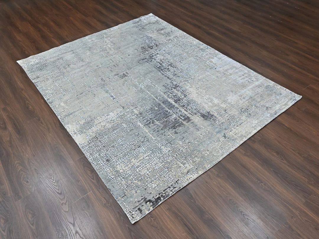 8'0" x 9'9" New Hand Knotted Grey Wool & Silk Rectangle Oriental Rug - MOA10210439