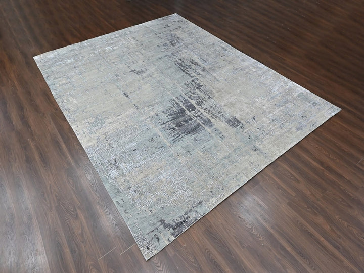 11'10" x 14'9" New Hand Knotted Grey Wool & Silk Rectangle Oriental Rug - MOA10210440